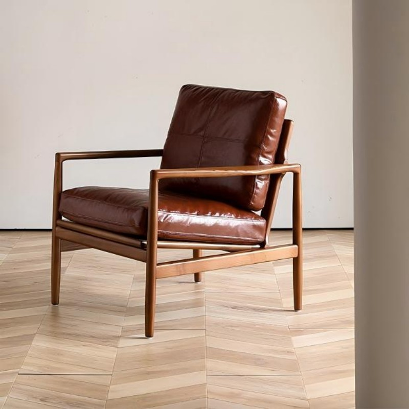 Mid-Century Solid Wood Leather Sofa