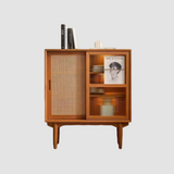 Nordic Pine Wood Sideboard with Rattan & Glass Sliding Doors