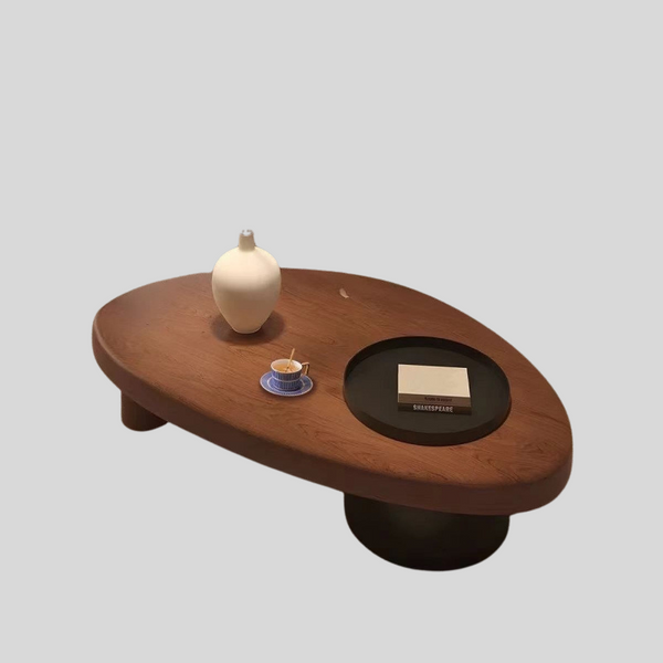 Contemporary Pebble-Shaped Coffee Table – Solid Wood & Metal Base
