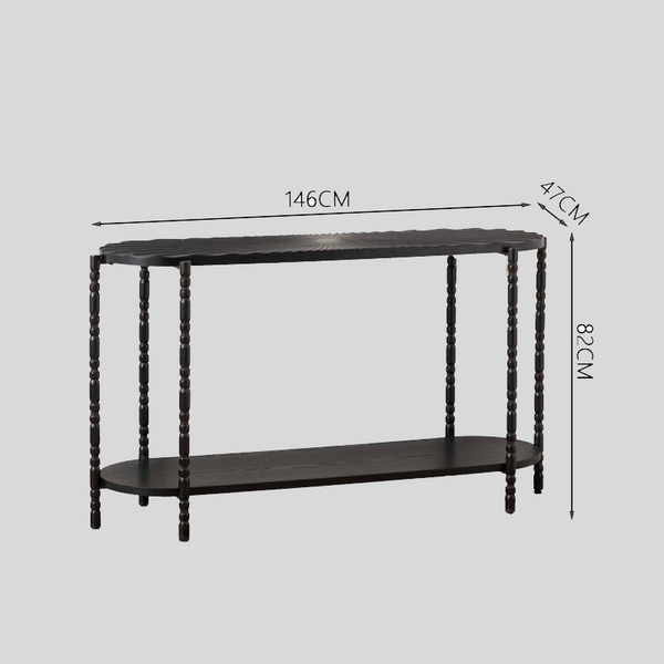 Vintage Black Wood Console Table with Carved Wave Top