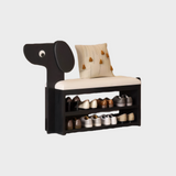 Dog-Shaped Solid Wood Shoe Storage Bench with Leather Cushion | Entryway Seating with Shelves