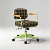 A modern office chair with a lime green metal frame, black and yellow plaid fabric upholstery, and light wood armrests, shown on a light gray studio background.