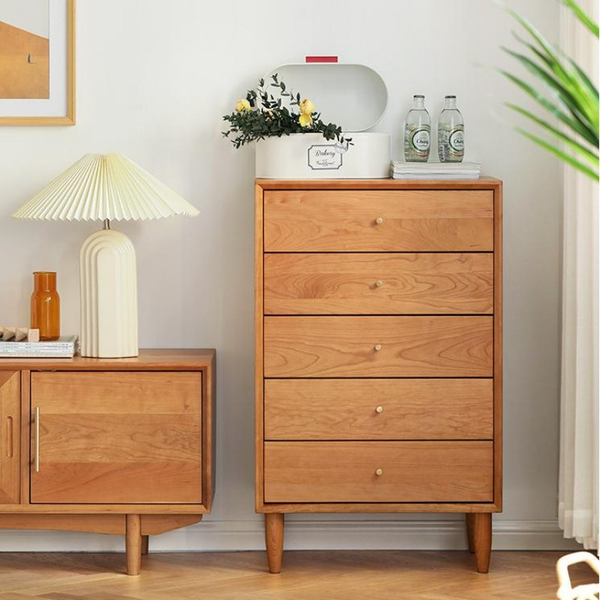 Natural Cherrywood Tall Chest of Drawers (5-Drawer Storage Dresser)