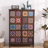 Vintage Mediterranean Ceramic Tile Drawer Cabinet – Handcrafted Solid Wood Storage Chest