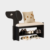 Dog-Shaped Solid Wood Shoe Storage Bench with Leather Cushion | Entryway Seating with Shelves