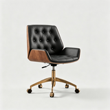 Button-Tufted Leather Swivel Office Chair | Wood Shell & Gold or Silver Base