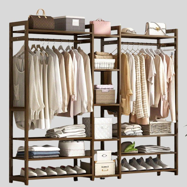 Freestanding Wooden Wardrobe Organizer – Double Hanging Closet Rack with Shelves for Clothes, Shoes & Accessories