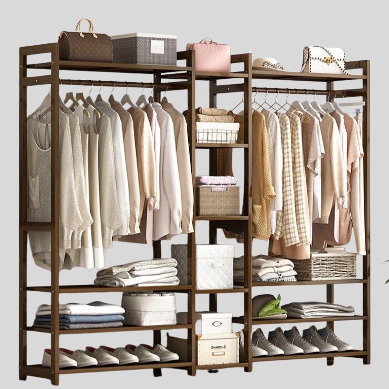 Freestanding Wooden Wardrobe Organizer – Double Hanging Closet Rack with Shelves for Clothes, Shoes & Accessories