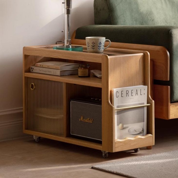 Multifunctional Vintage Sofa End Table with Glass Top and Wheels