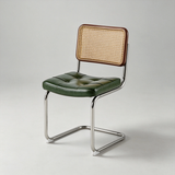 A modern side chair with a green tufted leather seat, a brown leather backrest, a woven cane back panel, and a chrome cantilever base, photographed on a light gray studio background.