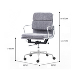 Gray upholstered office chair with dimension callouts showing height, width, and depth measurements on a white background.