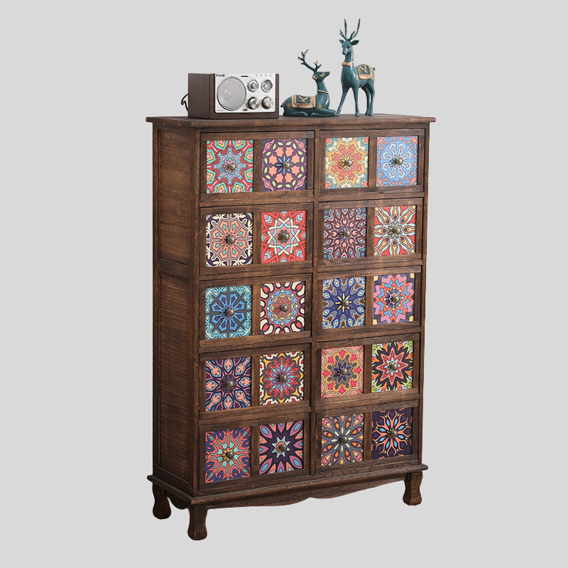 Vintage Mediterranean Ceramic Tile Drawer Cabinet – Handcrafted Solid Wood Storage Chest