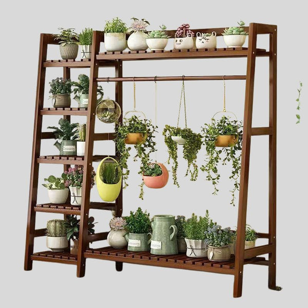 Large Wooden Multi-Tier Plant Stand with Hanging Bar – Indoor & Outdoor Trapezoid Flower Shelf for Balcony, Garden, or Living Room