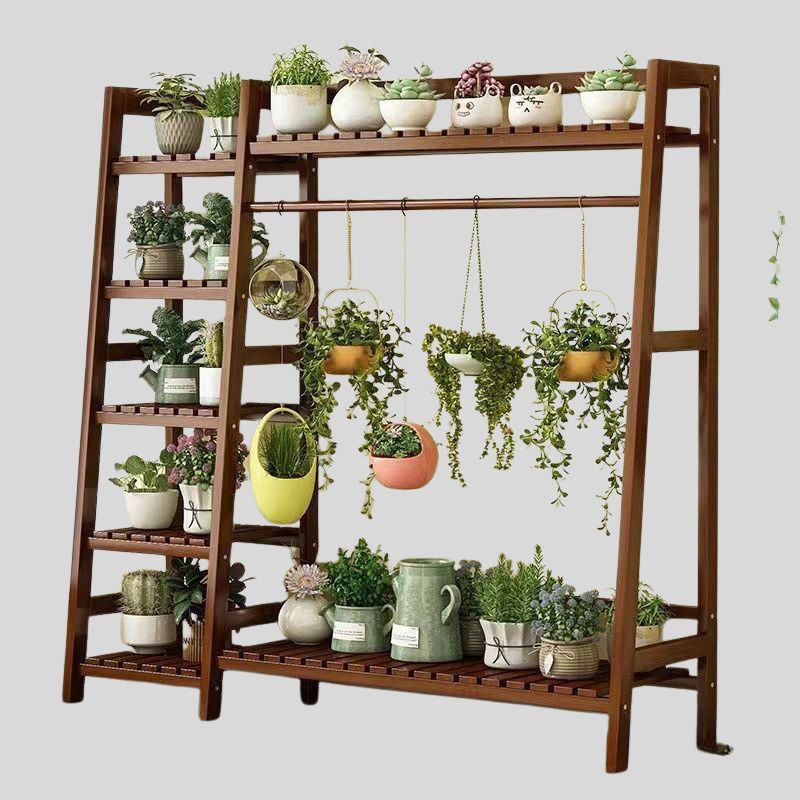 Large Wooden Multi-Tier Plant Stand with Hanging Bar – Indoor & Outdoor Trapezoid Flower Shelf for Balcony, Garden, or Living Room