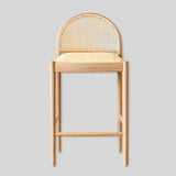 Boucle Bar Stool with Back, Upholstered Kitchen Stool with Natural Rattan Woven Back and Solid Wood Legs