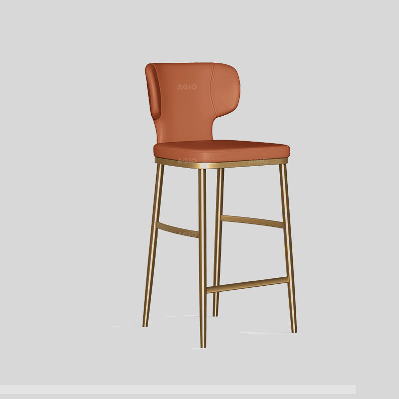 Modern Leather Bar Stool with Footrest, Black Four-Legged Base, and Low Back