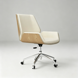 A modern office chair with cream-colored leather upholstery, light natural wood side panels, and a chrome five-star wheeled base, shown against a neutral light gray background.