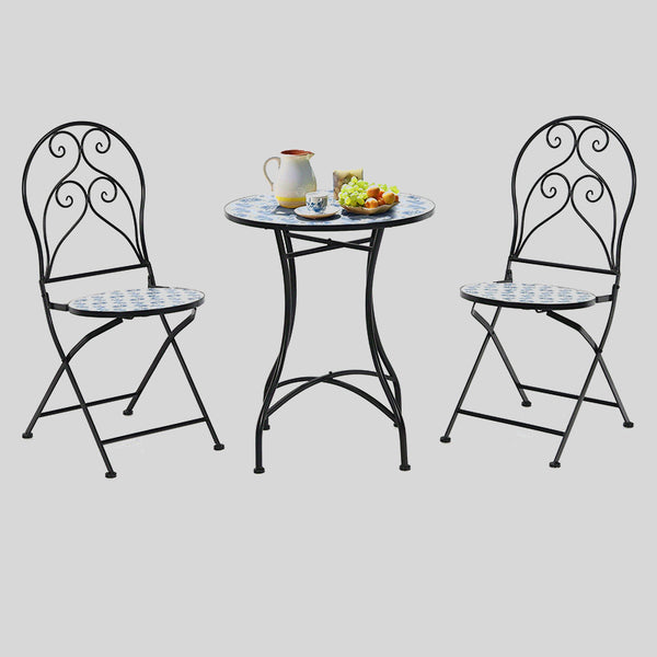 Vintage Mosaic Bistro Set – Folding Iron Table and Chairs for Patio & Garden