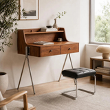 Mid-Century Solid Wood Vanity Desk with Leather Stool | Alice Vanity Table | STOOLTOPIA