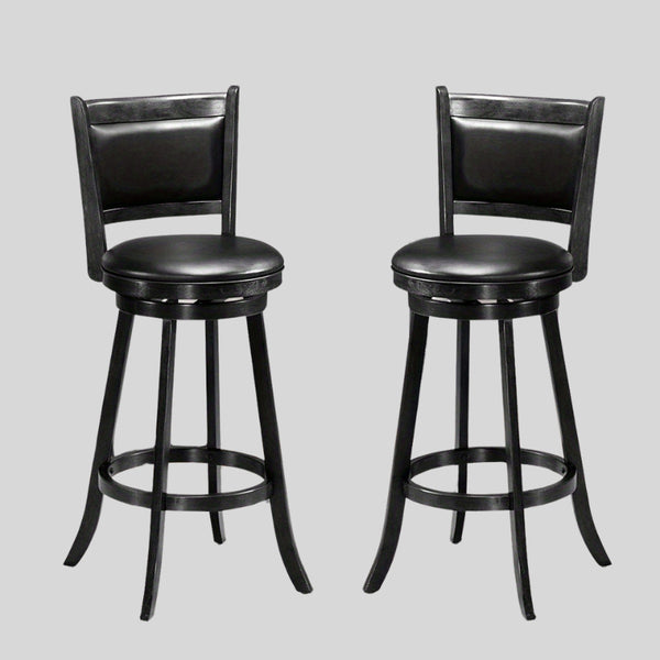 Set of 2 Black Swivel Bar Stools - Faux Leather Upholstery with Solid Wood Legs