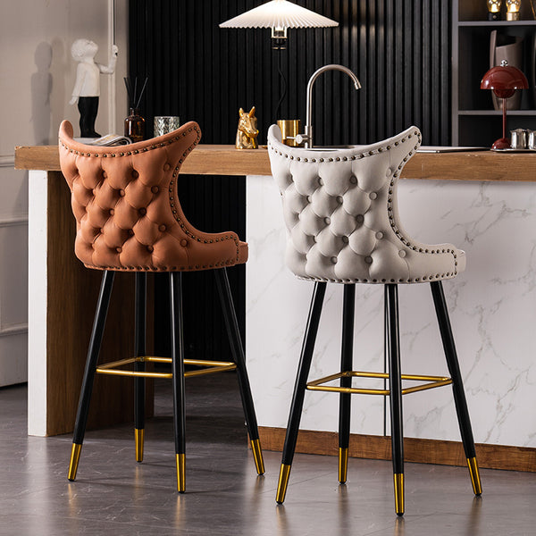 Elegant Velvet Upholstered Bar Stool with Gold Accents