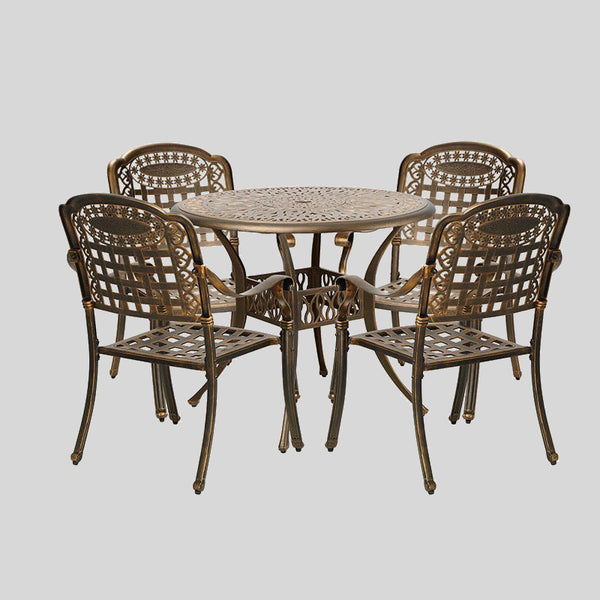 Antique Bronze 5-Piece Outdoor Dining Set - Rust-Resistant Cast Aluminum Table and Chairs