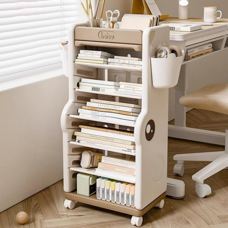 Children’s Multi-Tier Rolling Bookshelf – Cute Cartoon Storage Rack with Adjustable Shelves & Side Pockets