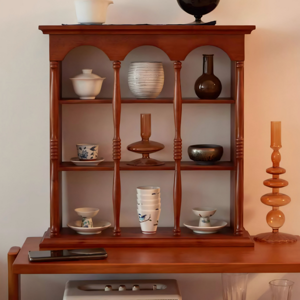 Vintage Solid Wood Wall Shelf – Arched Display Rack with Turned Columns