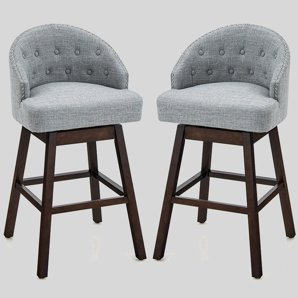 Set of 2 Grey Upholstered Swivel Bar Stools - Modern Linen Fabric with Rubberwood Legs