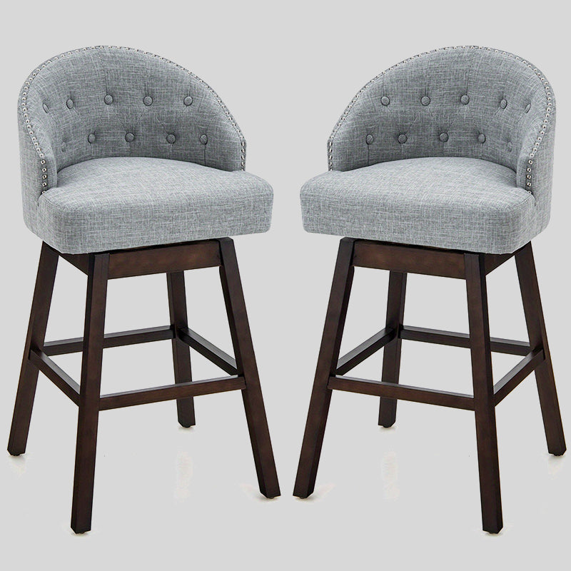 Set of 2 Grey Upholstered Swivel Bar Stools - Modern Linen Fabric with Rubberwood Legs