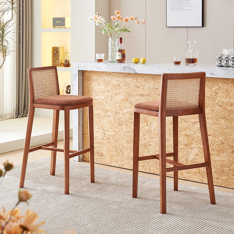 Modern Rattan and Wood Bar Stool with Cushioned Seat