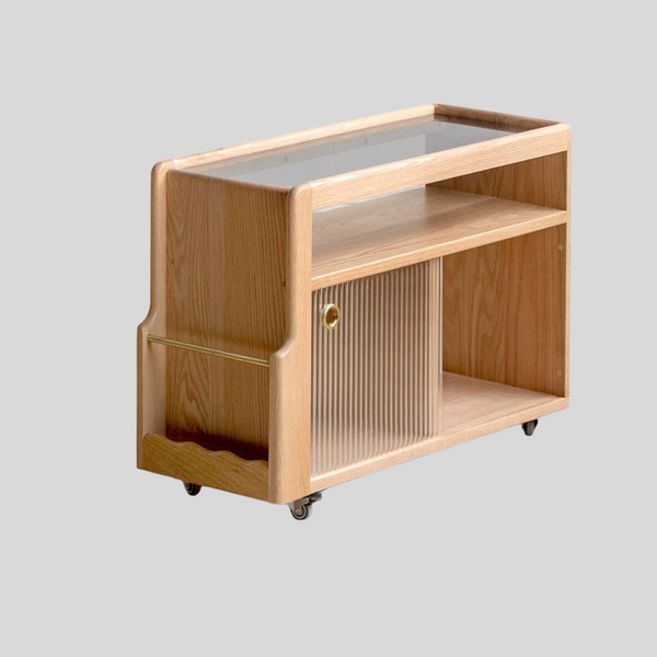 Multifunctional Vintage Sofa End Table with Glass Top and Wheels