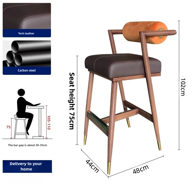 Nordic Solid Wood Bar Chairs Modern bar Furniture High Stool Soft Cushion Bar Chair Minimalist Front Desk Backrest Bar Chair