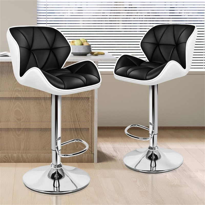 Set of 2 Black Adjustable Swivel Bar Stools - PU Leather with Chrome Base for Kitchen and Bar