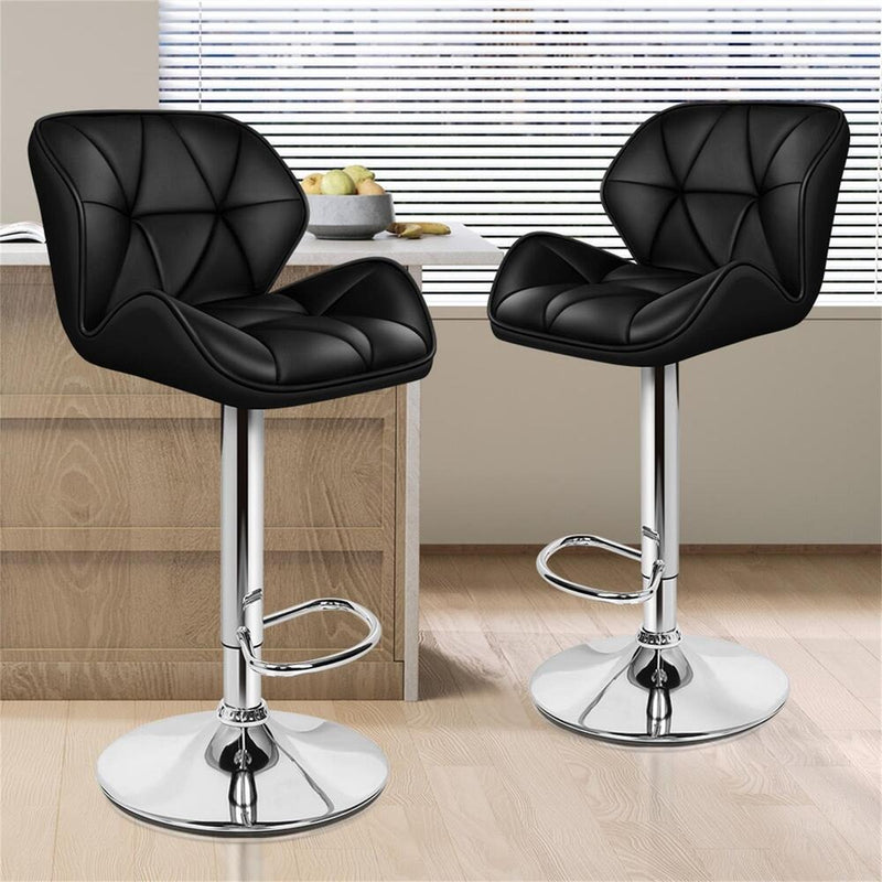 Set of 2 Black Adjustable Swivel Bar Stools - PU Leather with Chrome Base for Kitchen and Bar