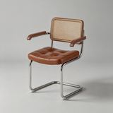A modern side chair with a brown leather seat and tufted backrest, a woven cane back panel, and a chrome cantilever metal frame, photographed on a neutral gray studio background.