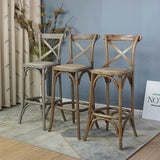 Cross Back Oak Wood & Rattan Barstool