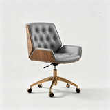 Button-Tufted Leather Swivel Office Chair | Wood Shell & Gold or Silver Base