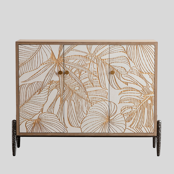 Golden Tropical Leaf Carved Wood Sideboard – Modern Natural Wood Storage Cabinet