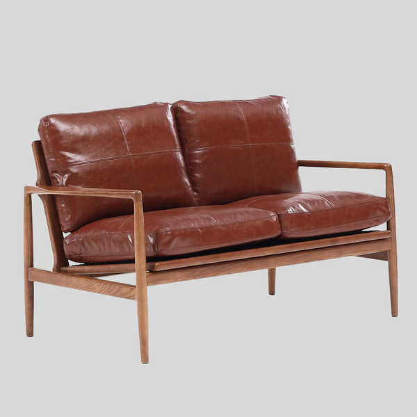 Mid-Century Solid Wood Leather Sofa