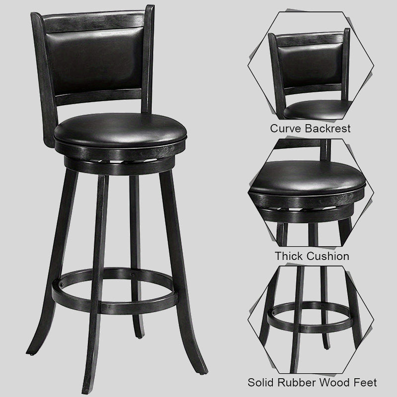 Set of 2 Black Swivel Bar Stools - Faux Leather Upholstery with Solid Wood Legs