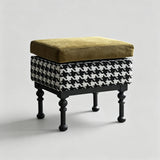 Retro Velvet & Houndstooth Ottoman Mid-Century Accent Footstool
