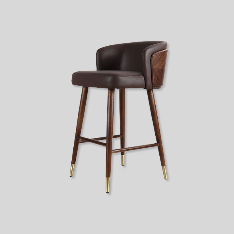 Walnut color Solid Wood and Dark Brown Leather Bar Stool High Chair with Backrest & Footrest. Modern contemporary designer Bar Chair.