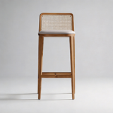 Taburete de bar de madera maciza de fresno con respaldo de ratán – Asiento de cuero sintético o lino, 65/75 cm