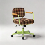 A modern office chair with a brown and beige plaid upholstered seat and backrest, light wood armrests, and a lime green metal frame and base on casters, shown against a neutral gray studio background.