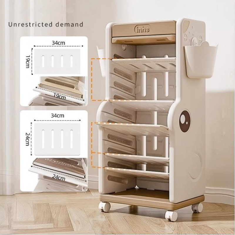Children’s Multi-Tier Rolling Bookshelf – Cute Cartoon Storage Rack with Adjustable Shelves & Side Pockets