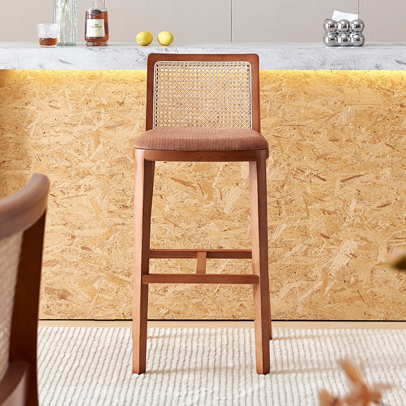 Modern Rattan and Wood Bar Stool with Cushioned Seat