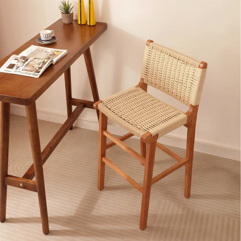 Scandinavian Handwoven Rope Bar Stool – Natural Solid Wood Counter Chair