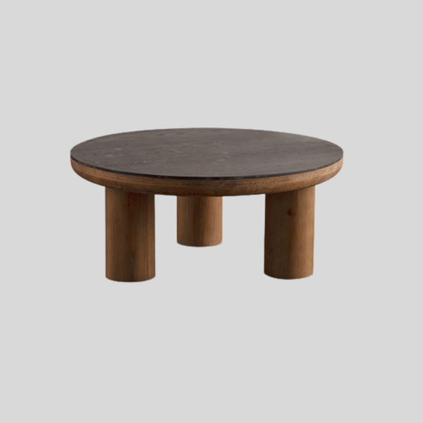 Rustic Round Coffee Table Set – Black Wood Grain Top with Solid Wood Legs