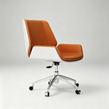 A modern office chair with a warm orange-brown upholstered seat and backrest, white side panels, and a chrome five-star base with black casters, photographed on a light gray studio background.